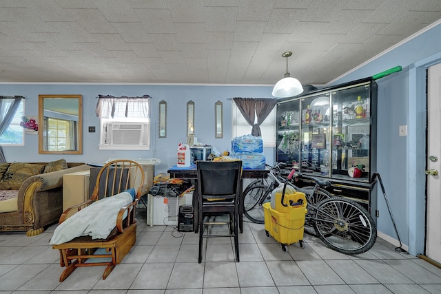 tiled dining area with cooling unit and ornamental molding