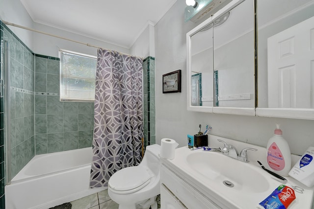 full bathroom with toilet, vanity, shower / tub combo, and ornamental molding