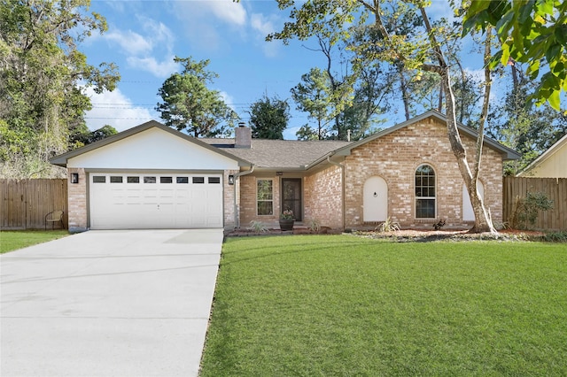 single story home with a front yard and a garage