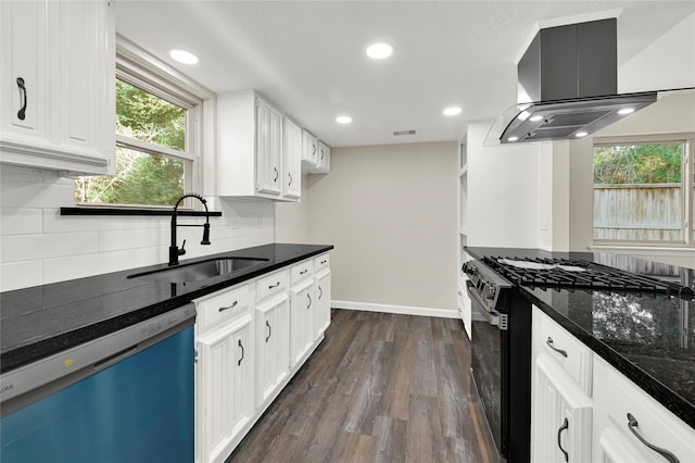 kitchen with dishwasher, black gas stove, white cabinetry, and island exhaust hood