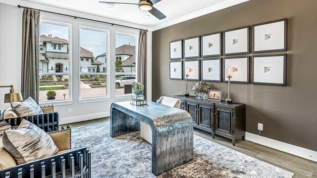 office space featuring hardwood / wood-style floors, ornamental molding, a healthy amount of sunlight, and ceiling fan