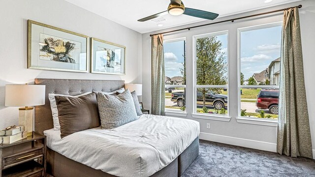 bedroom featuring carpet flooring and ceiling fan