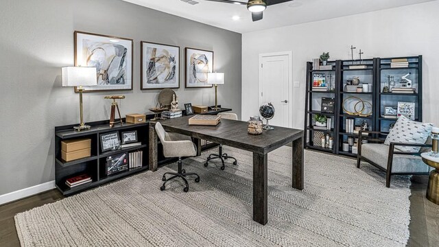 office featuring ceiling fan and wood-type flooring