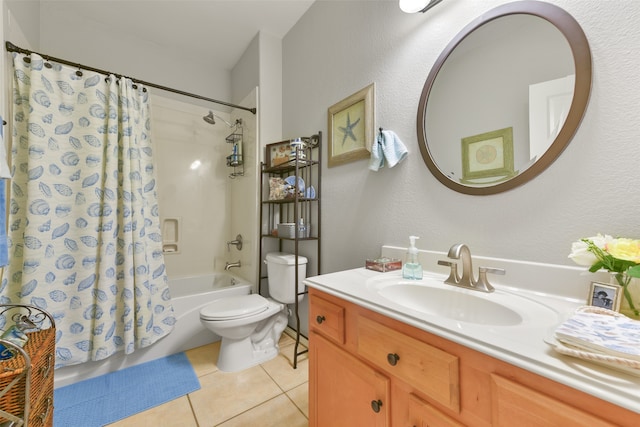 full bathroom featuring tile patterned flooring, shower / bath combination with curtain, toilet, and vanity