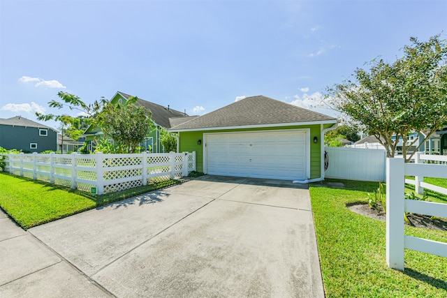 view of front of home with a garage and a front lawn