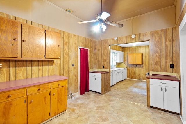 kitchen with ornamental molding, ceiling fan, wooden walls, and sink