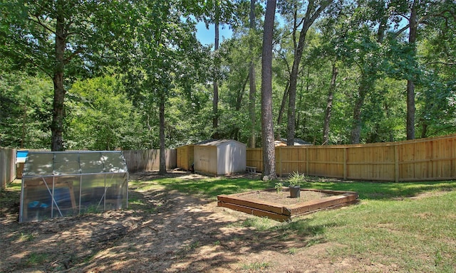 view of yard with a storage shed