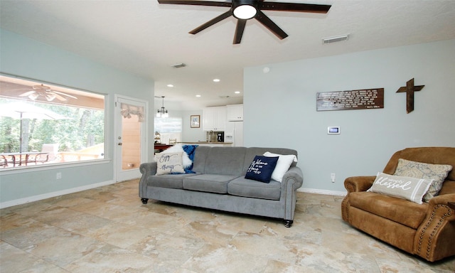 living room with ceiling fan