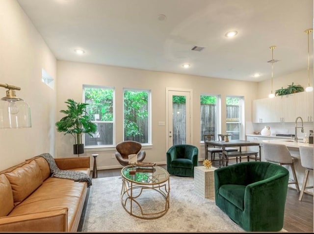 living room with light hardwood / wood-style flooring and sink