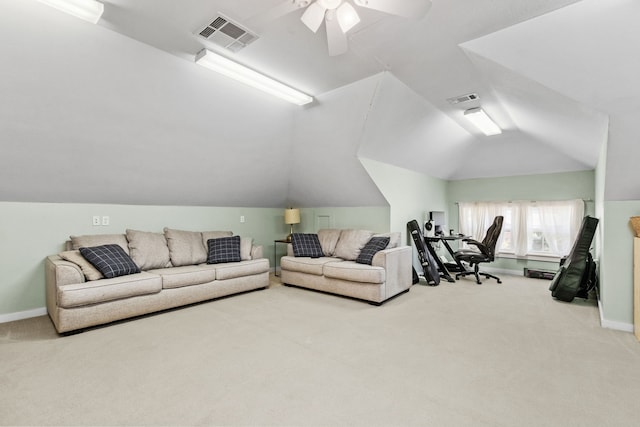 living room with carpet flooring, ceiling fan, and lofted ceiling