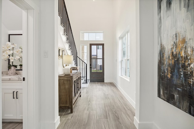 foyer entrance with light hardwood / wood-style floors