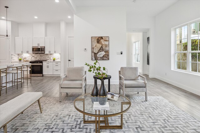 living room featuring a towering ceiling and light hardwood / wood-style floors