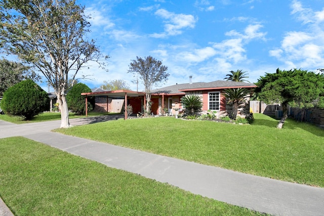 ranch-style house featuring a carport and a front lawn