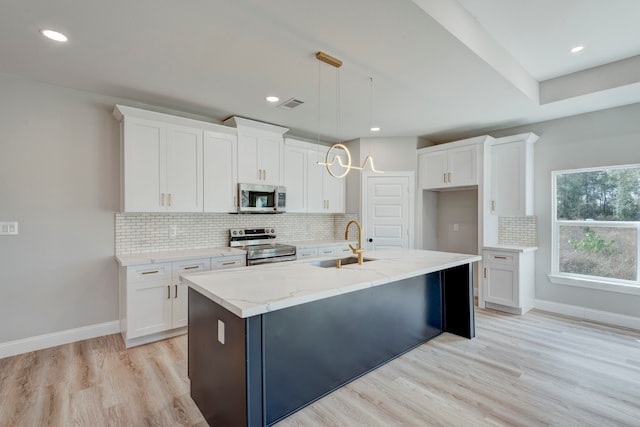 kitchen with white cabinetry, hanging light fixtures, and appliances with stainless steel finishes