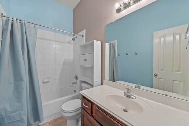 full bathroom with shower / bathtub combination with curtain, tile patterned flooring, vanity, and toilet