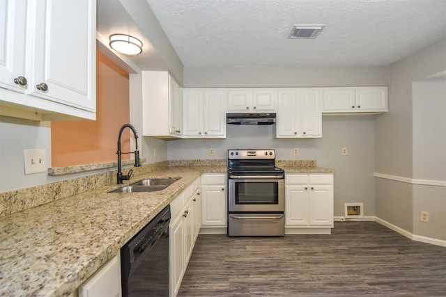 kitchen featuring dishwasher, dark wood-type flooring, sink, electric range, and white cabinetry