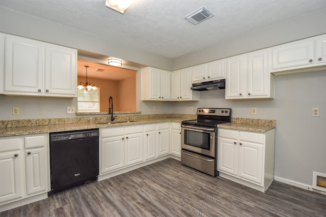 kitchen featuring dishwasher, stainless steel range with electric cooktop, white cabinets, sink, and dark hardwood / wood-style floors