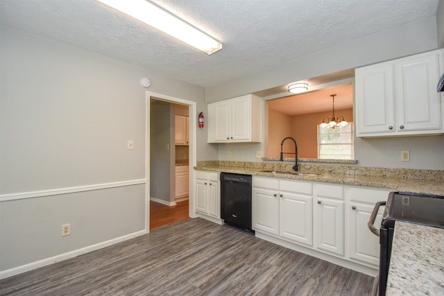 kitchen with white cabinetry, sink, dark hardwood / wood-style floors, pendant lighting, and black appliances