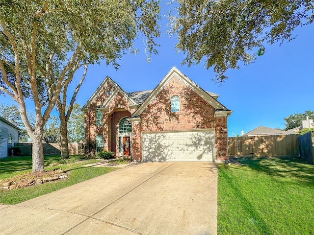 view of front of property with a front lawn and a garage