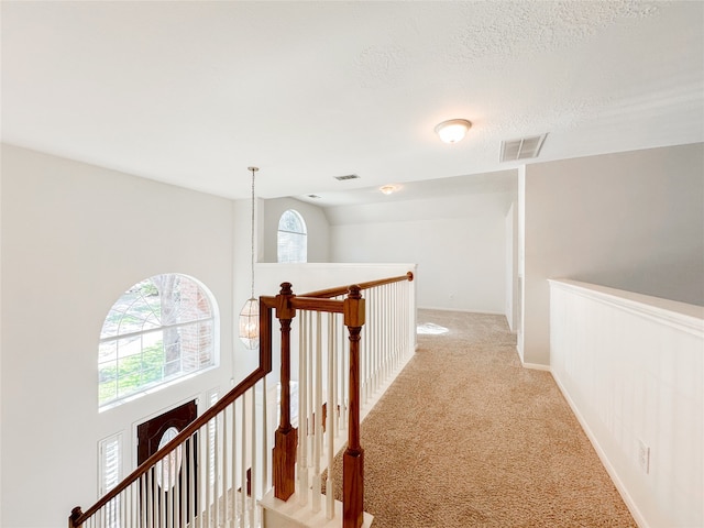 corridor featuring light colored carpet and a textured ceiling