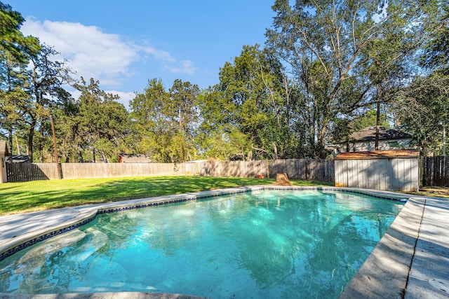 view of swimming pool featuring a yard