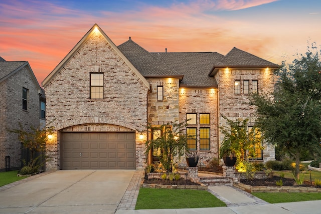 french country inspired facade with a garage