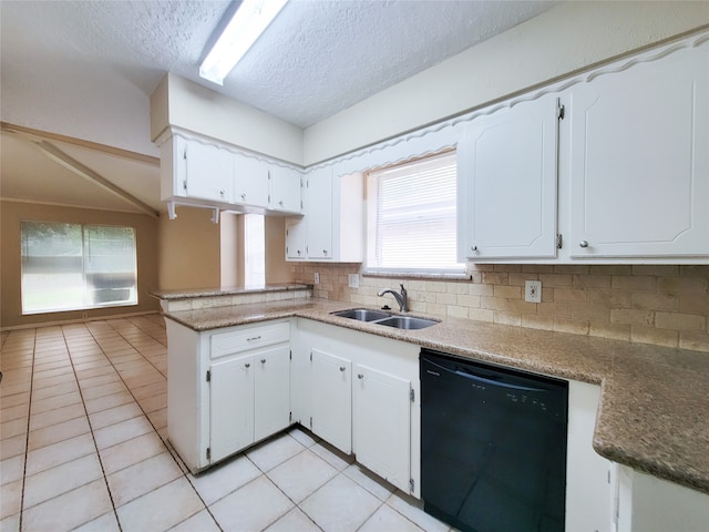 kitchen with dishwasher, backsplash, white cabinets, sink, and kitchen peninsula