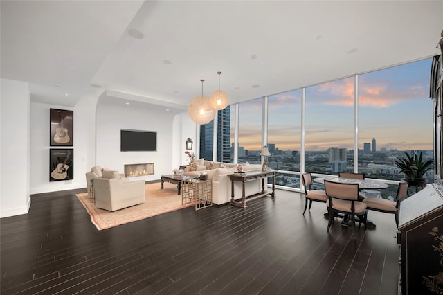 living room with dark hardwood / wood-style floors and a wall of windows