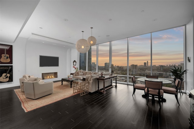 living room with dark hardwood / wood-style flooring and a wall of windows