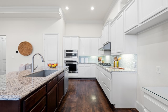 kitchen featuring dark wood-type flooring, a center island with sink, sink, ornamental molding, and appliances with stainless steel finishes