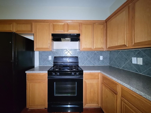 kitchen featuring ventilation hood, backsplash, and black appliances