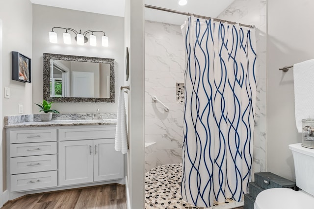 bathroom featuring hardwood / wood-style flooring, vanity, toilet, and a shower with shower curtain