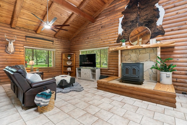 unfurnished living room featuring beam ceiling, a wood stove, rustic walls, high vaulted ceiling, and wood ceiling