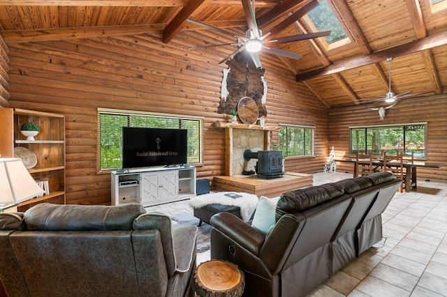 living room featuring log walls, high vaulted ceiling, a wood stove, and wooden ceiling