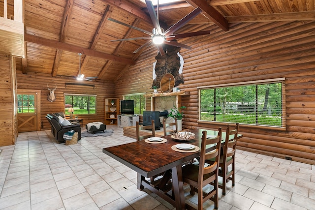 dining area with a wealth of natural light, log walls, high vaulted ceiling, and wooden ceiling