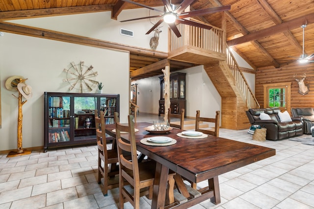 dining room featuring beamed ceiling, light tile patterned floors, wooden ceiling, and wood walls