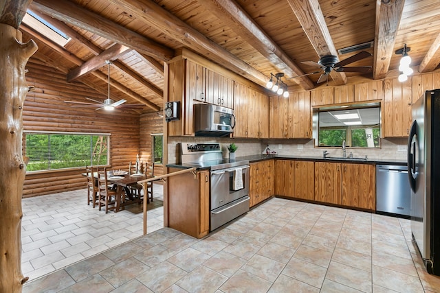 kitchen featuring ceiling fan, sink, stainless steel appliances, tasteful backsplash, and lofted ceiling with skylight