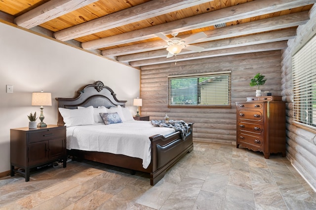 bedroom with log walls, multiple windows, and ceiling fan