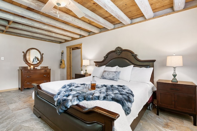 bedroom with beam ceiling, ceiling fan, and wood ceiling