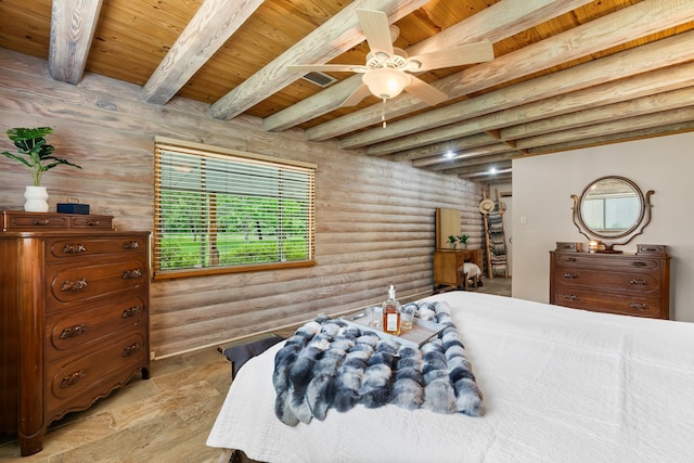 bedroom featuring rustic walls, ceiling fan, beamed ceiling, and wood ceiling