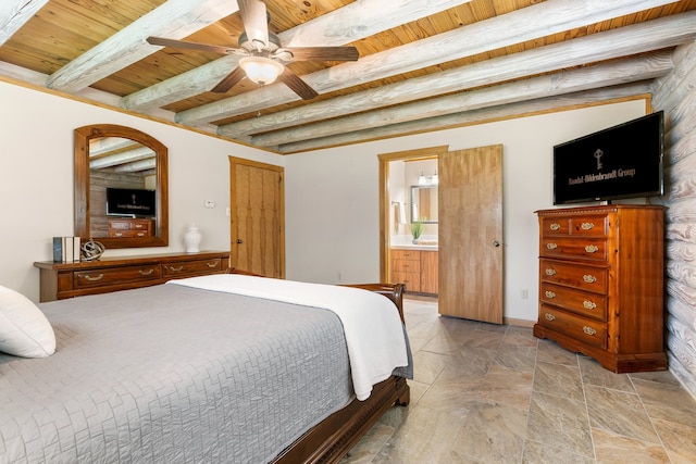 bedroom featuring beam ceiling, connected bathroom, ceiling fan, and wooden ceiling