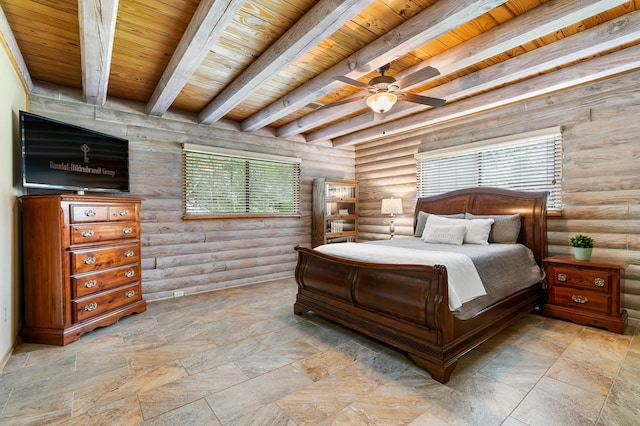 bedroom with beam ceiling, rustic walls, ceiling fan, and wooden ceiling