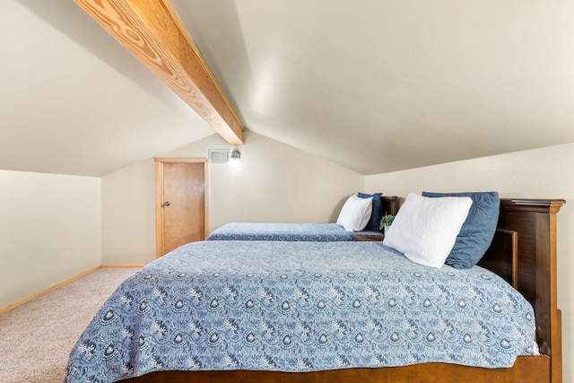 bedroom featuring carpet flooring and lofted ceiling with beams