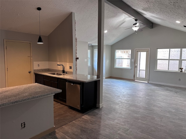 kitchen with ceiling fan, dishwasher, sink, dark hardwood / wood-style flooring, and pendant lighting