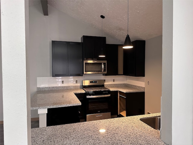 kitchen featuring decorative backsplash, appliances with stainless steel finishes, light stone counters, vaulted ceiling with beams, and hanging light fixtures