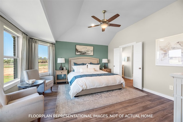 bedroom featuring vaulted ceiling, ceiling fan, and dark wood-type flooring