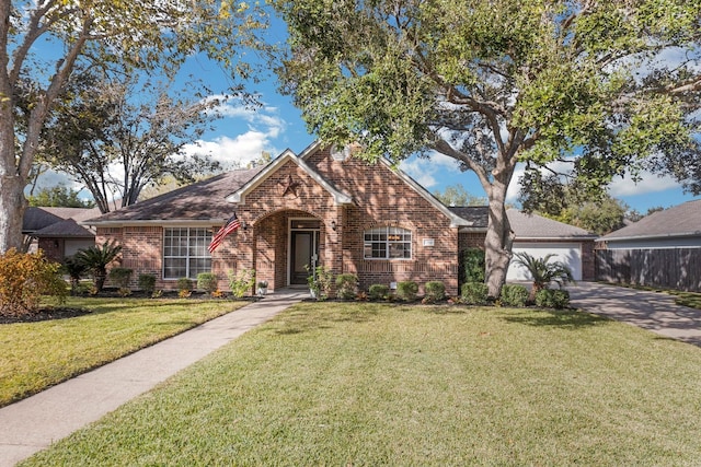 view of front of property featuring a front lawn and a garage