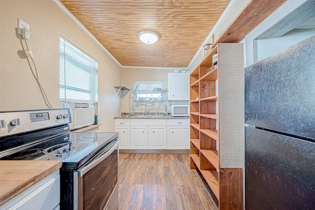 kitchen with electric range, wooden ceiling, crown molding, black refrigerator, and white cabinets