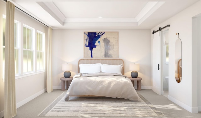 bedroom with a raised ceiling, a barn door, light carpet, and crown molding