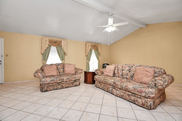 living room featuring lofted ceiling with beams, ceiling fan, and light tile patterned flooring